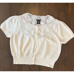 Calvin Klein Cropped White Short Sleeve Sweater/Cardigan with Knit Detail Sz XL